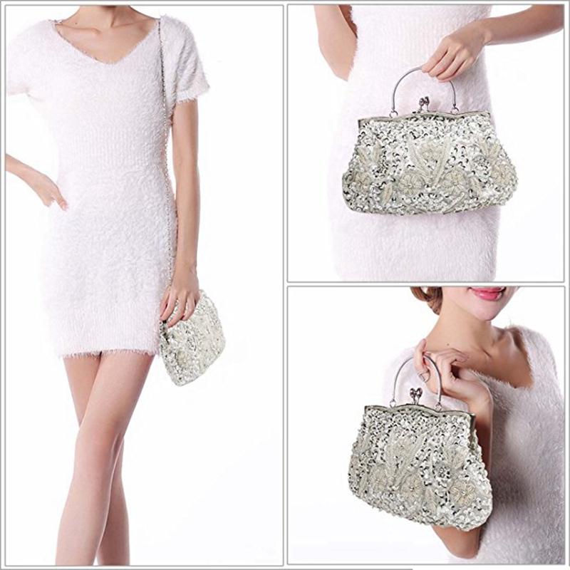 Beaded Sequin Design Metal Frame Kissing Lock Satin Interior Evening Clutch Silver