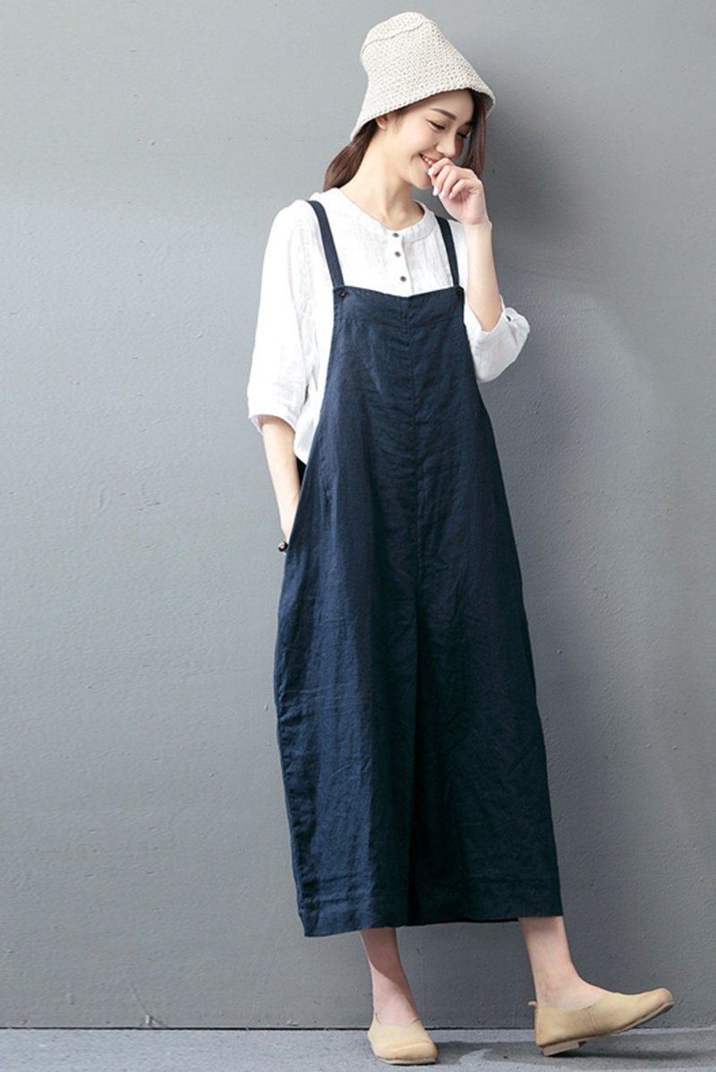 Cotton Linen Sen Department Causel Loose Overalls Big Pocket Maxi Size  Trousers Women Clothes