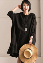 Load image into Gallery viewer, Black Korean Style Cotton Linen Falbala Bat Sleeve Round Neck Loose Women Clothes Q8300B - FantasyLinen
