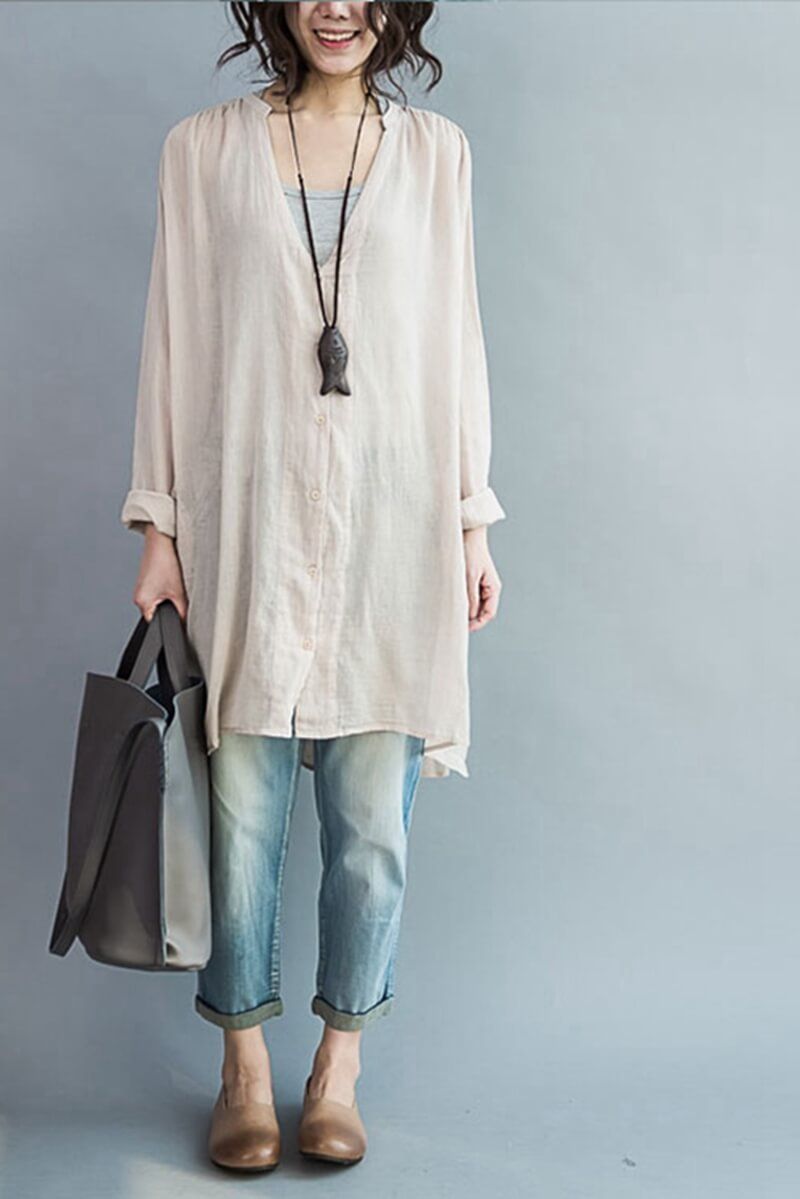 Art Casual Loose Long V neck Cotton Shirt Women Clothes FantasyLinen