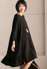 Load image into Gallery viewer, Black Korean Style Cotton Linen Falbala Bat Sleeve Round Neck Loose Women Clothes Q8300B - FantasyLinen
