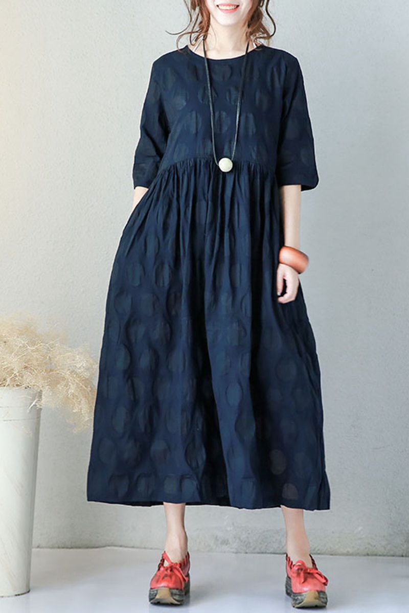 Blue Plus Size Casual Cotton Linen Dresses For Women Q9043