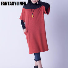 Load image into Gallery viewer, Red Short Sleeve Color Block Dress Women Tops - FantasyLinen
