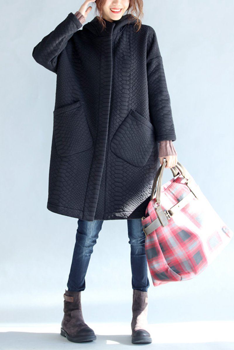 Black Thickening Cold Winter Jacket With Hood Warm Oversize Long Coat FantasyLinen