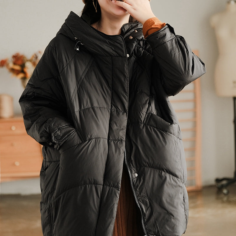 StudioMariya Black Women's Winter Jacket/ Down Hooded Coat/ Wraped Puffer Coat/ Black Parka with Hood