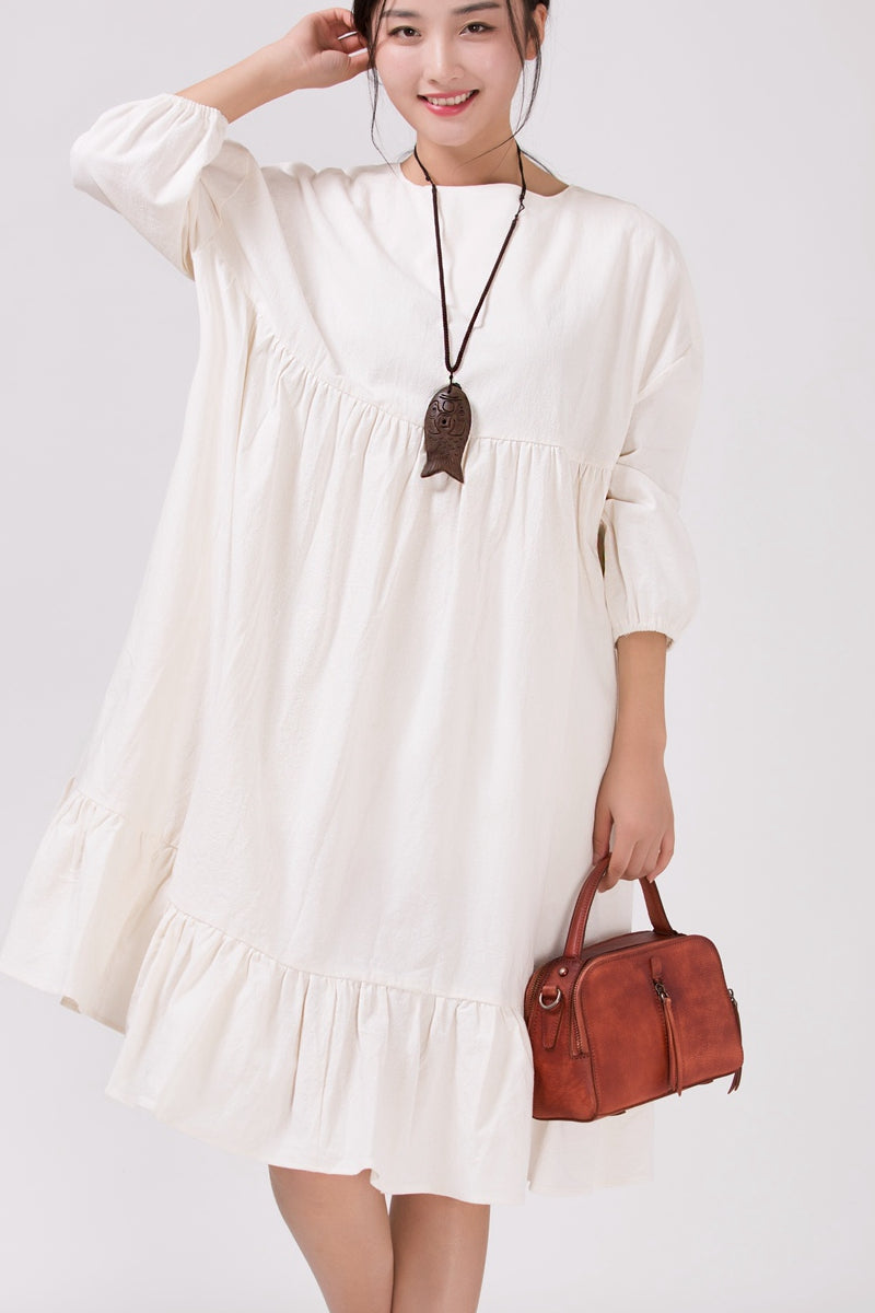 Women White Cotton Linen Bat Sleeve Round Neck Loose Dress– FantasyLinen