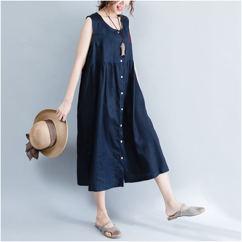 Summer Loose Sleeveless Button Down Cotton Dress Q1652– FantasyLinen