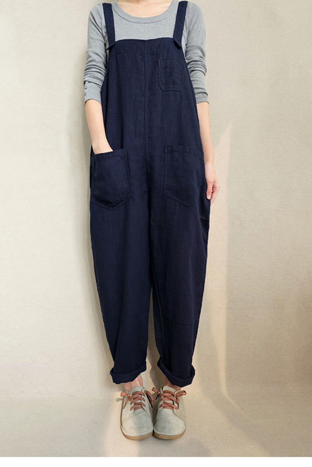 Women Casual Linen Jumpsuits Overalls Pants With Pockets Vintage