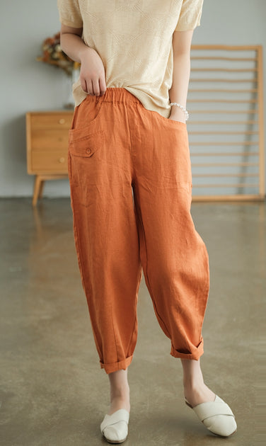 Feternal Women's Fashion Casual Pocket Cotton Linen Retro Pants Casual  Bloomers cargo pants women 