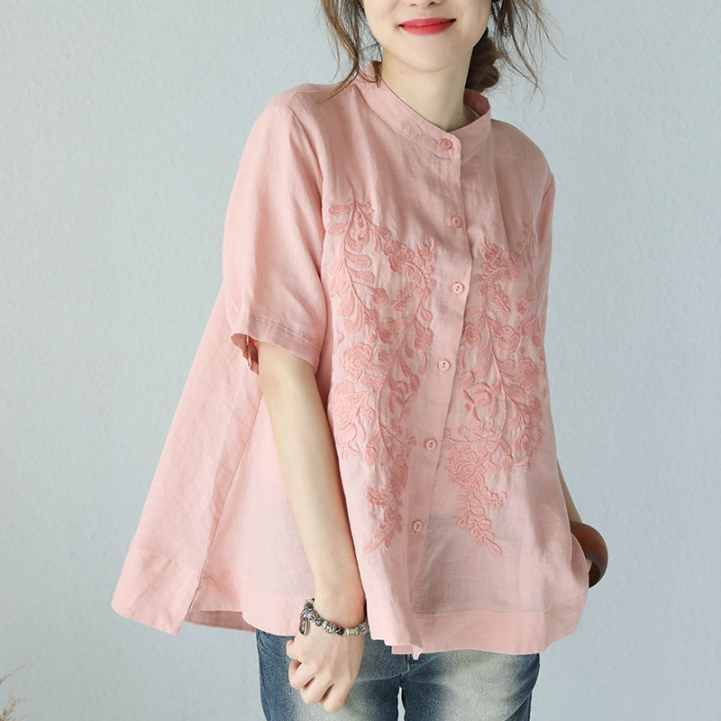 Summer Stand Collar A Line Embroidery Doll T Shirt Women Blouse Q1006